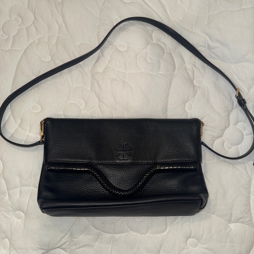 Tory Burch Taylor Convertible Foldover Crossbody Black Leather Bag